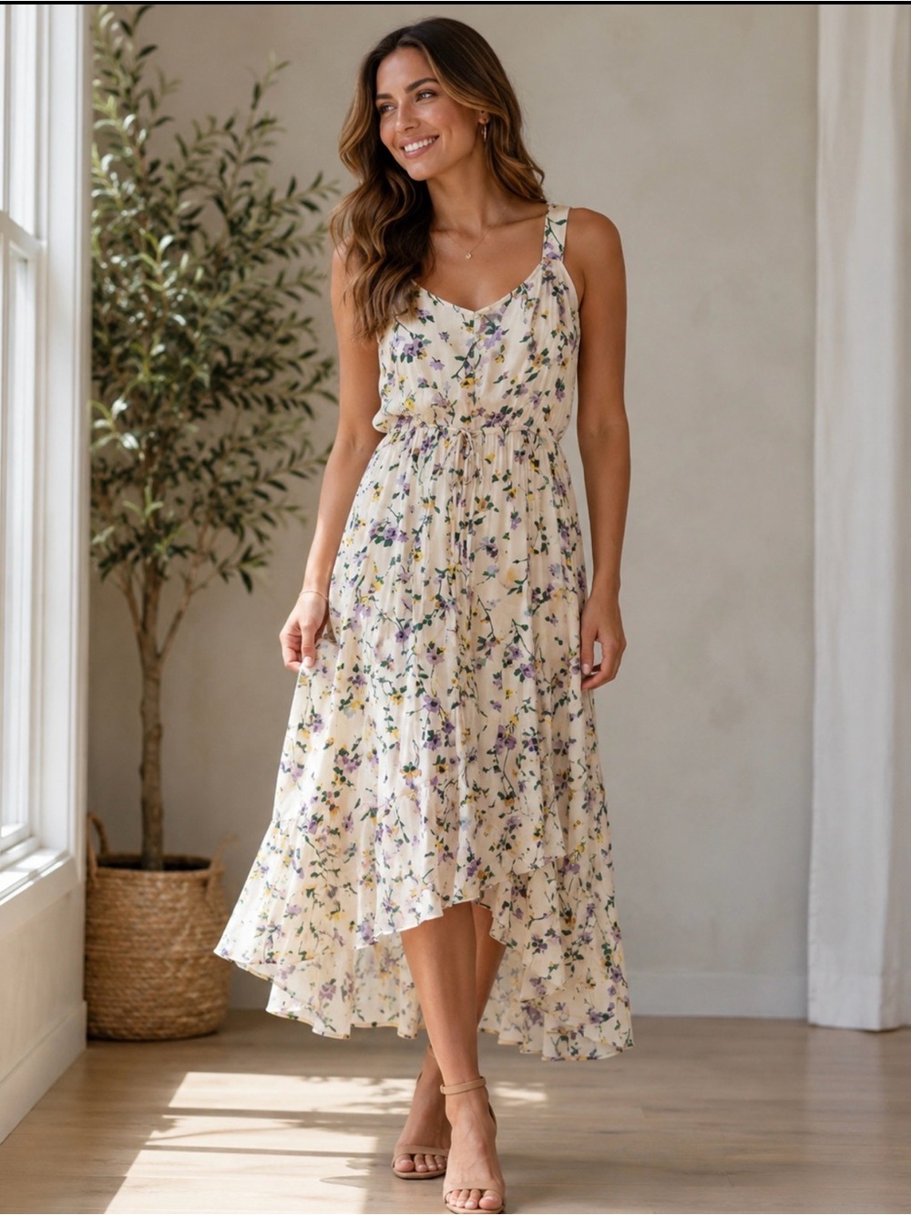 Floral Cream Midi Dress with Adjustable Waist